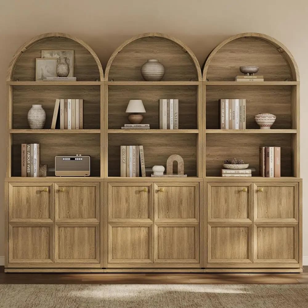 Libreria ad arco a 5 livelli con ripiani regolabili, gestione dei cavi e spazio contenitivo per casa o ufficio, finitura rovere marrone, 3 pezzi