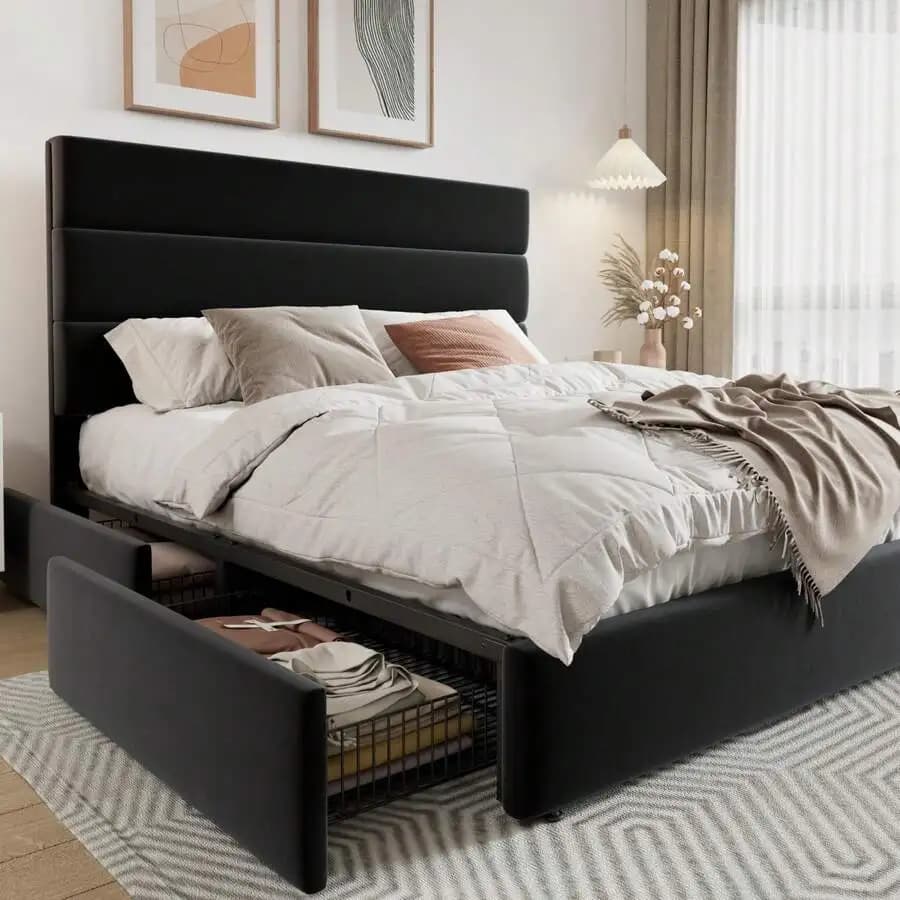 Full/Queen/King Size Platform Bed Frame With 4 Storage Drawers And Velvet Upholstered Headboard, Wooden Slats Support, Upholstered Mattress Foundation/No Box Spring Needed/Easy Assembly, Black
