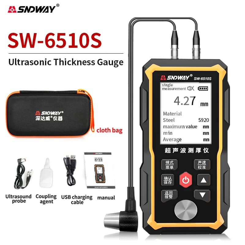 Misuratore di spessore ad ultrasuoni Plastica Vetro Ceramica Metallo Piastra in acciaio Tubo in acciaio inossidabile Tester di spessore della parete SNDWAY SW-6510S