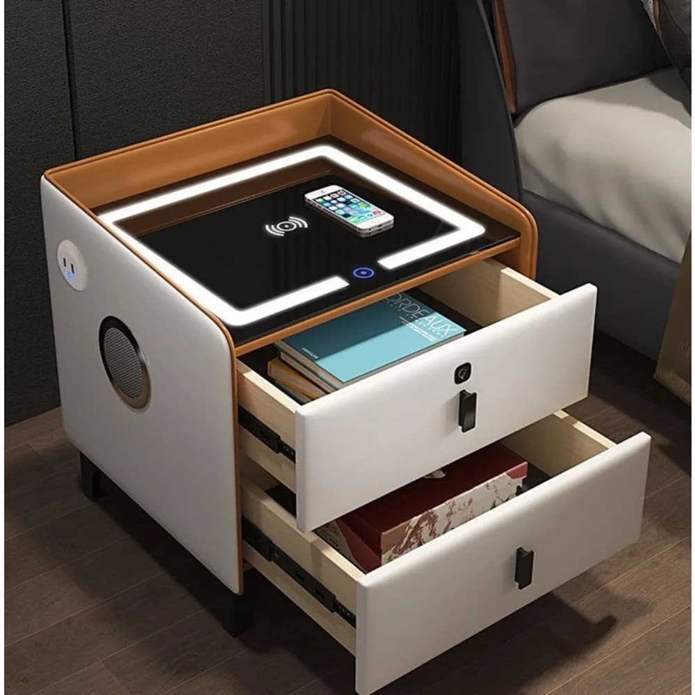 Comodino Moderno con Serratura a Impronta Digitale, Vano Nascosto, Luce RGB, Altoparlante Bluetooth Wireless per Camera da Letto
