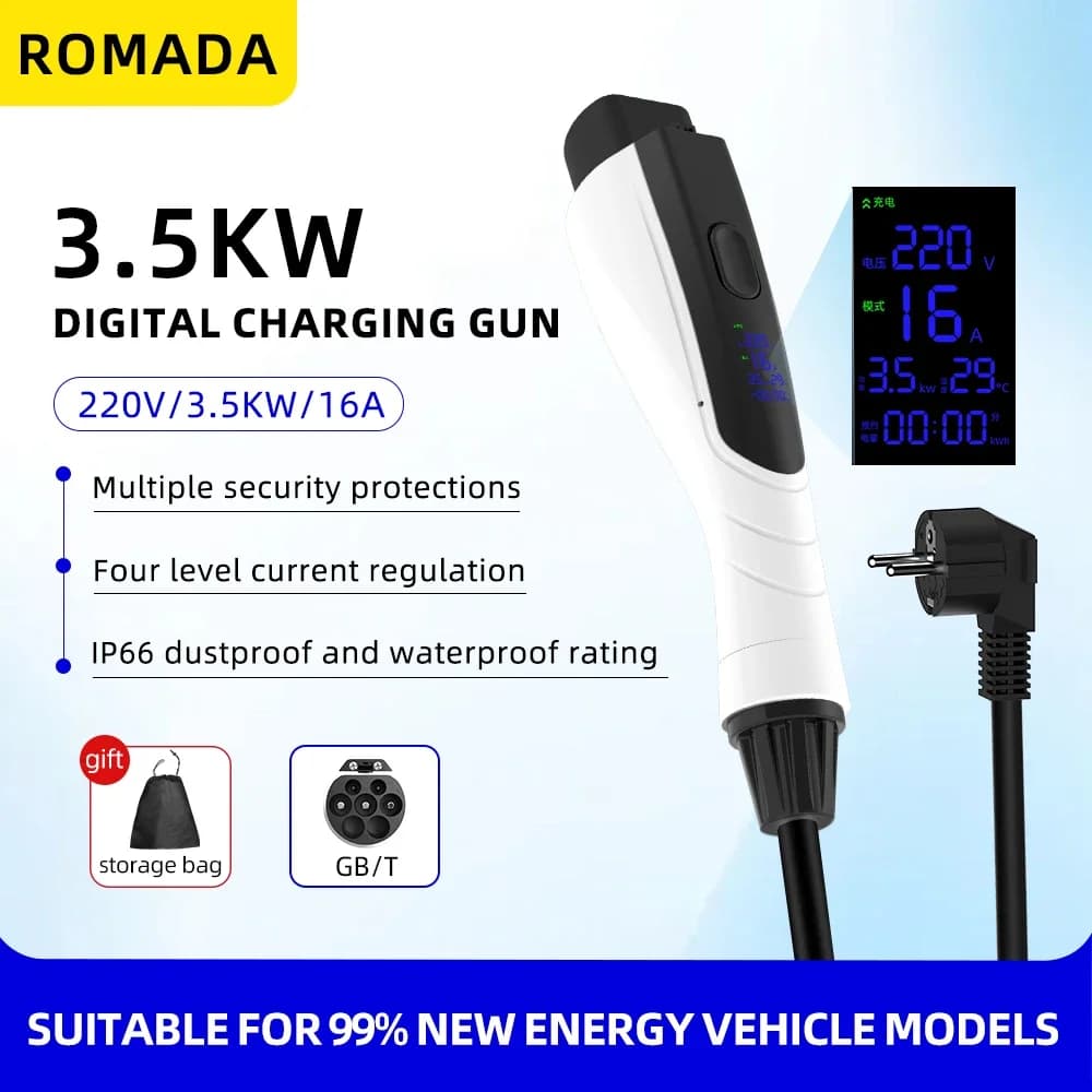 NUOVO 3.5KW 16A GB/T20234 EV Caricatore portatile 3M-20M Cavo EVSE Spina UE Adattatore Wallbox con schermo di visualizzazione ad alta efficienza per EV