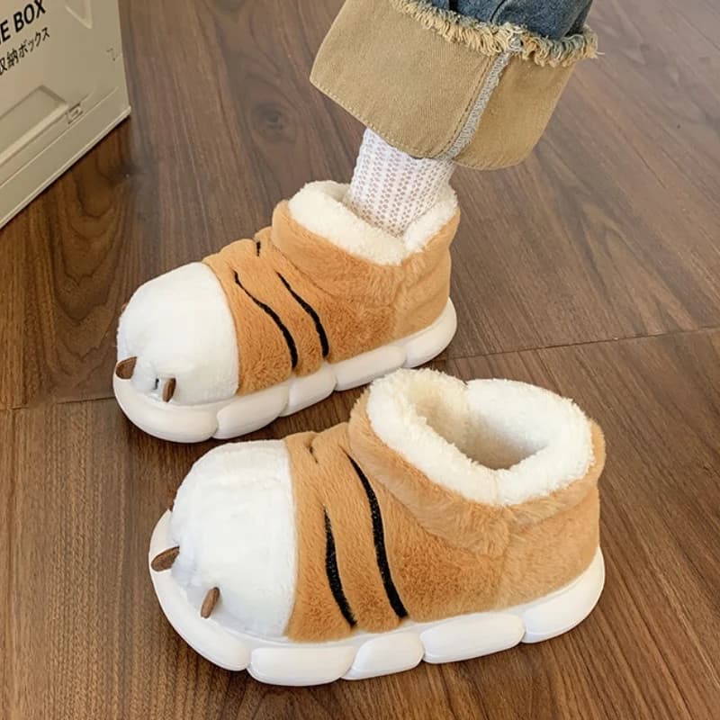 Pantofole soffici simpatico cartone animato per donna uomo scarpe calde invernali pantofola in cotone per coppie con zampa di tigre in peluche morbida stile pavimento per la casa