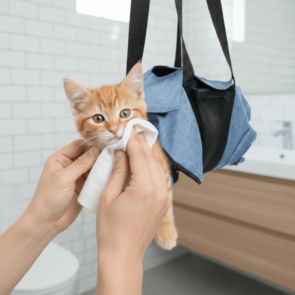 Borsa Traspirante in Rete per il Bagno del Gatto, Morbida e Confortevole Borsa a Tracolla per Animali Domestici, Zaino Pieghevole Anti-graffio per Animali Domestici, Ideale per Visite Veterinarie