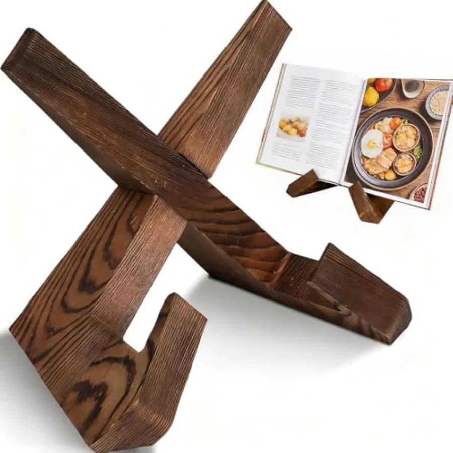 Wooden Kitchen Cookbook Stand Holder - Rustic Adjustable Foldable Recipe Book Holder, Great for Kitchen Counter Tops, Tablets,