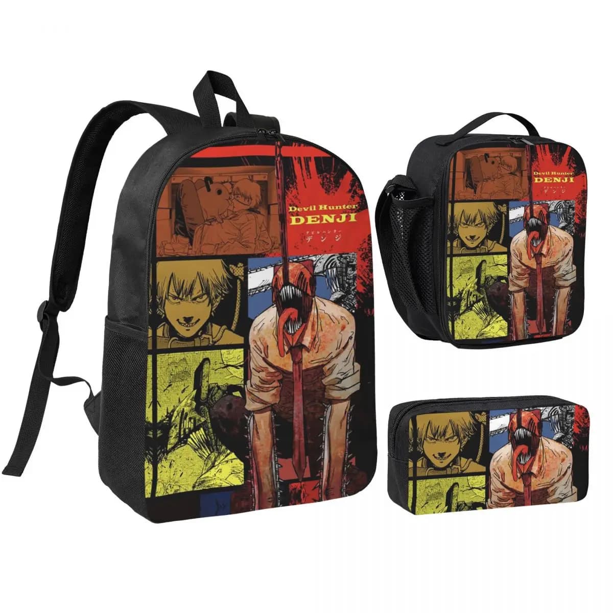 3pecs/set Chainsaw Man Denji Zaino per Studente Pochita Devil Makima Anime Borsa a tracolla Borsa per il pranzo Astuccio