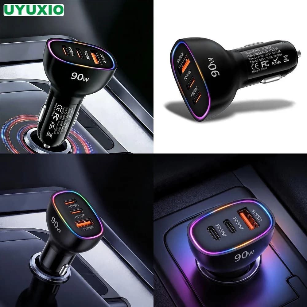 90W Total Output Car Charger Multi Port Dual PD 30W Type C USB A 30W Super Fast Charging Adapter for Laptop MacBook Phone RGB