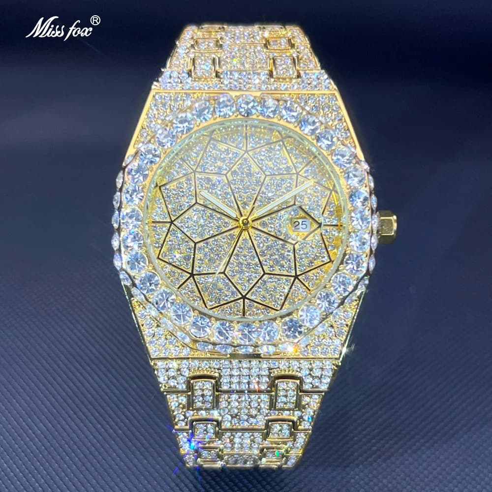 MISSFOX Luxury Gold Iced Out Men Watch Full Rhinestone Octagonal Dial Date Alloy Case Hip Hop Quartz Wristwatch Reloj Hombre