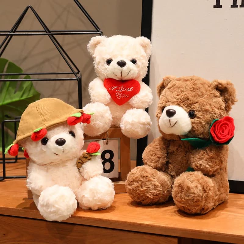 16cm Sitting Cartoon Bear Plush Toy Stuffed Valentine's Day Rose Animal Say Love Holding Red Heart Girlfriend Gift