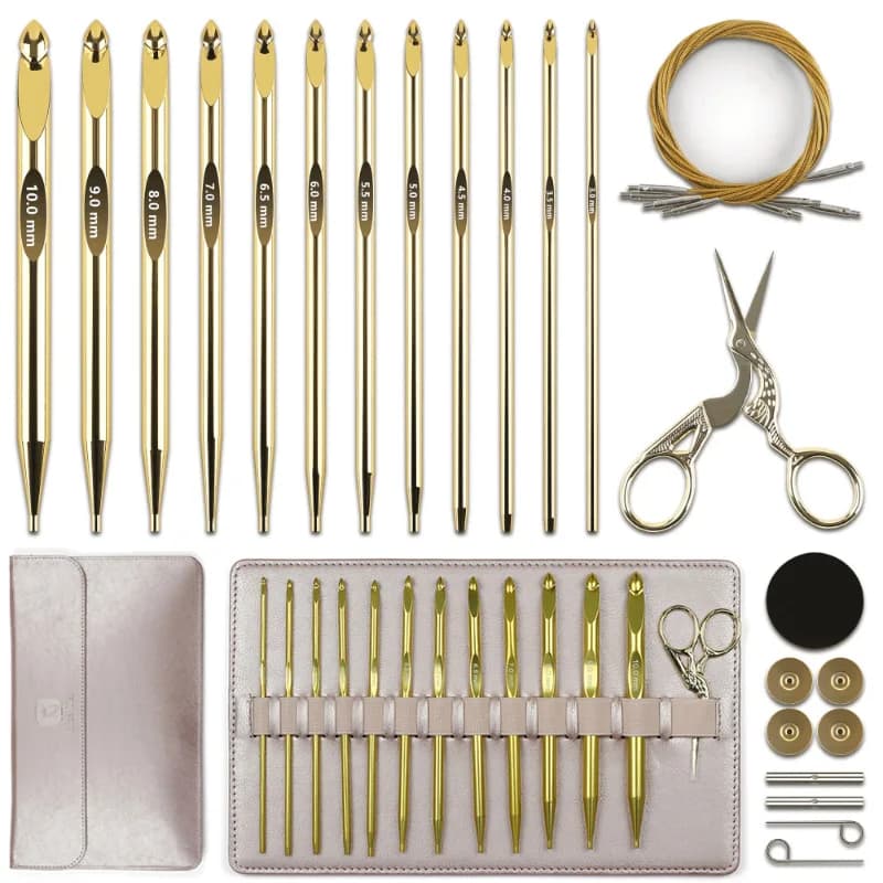 27Pcs Gold Plated Interchangeable Afghan Tunisian Crochet Hooks Set with Case, 15cm 3.0-10.0mm Aluminum Carpet Weaving Needles