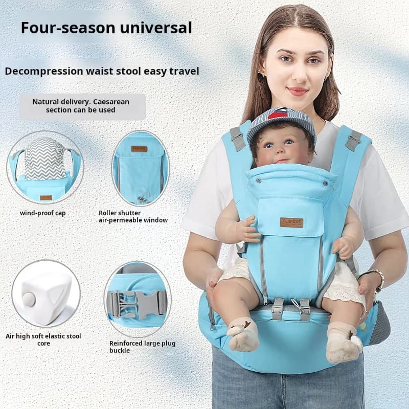 All-season baby carrier with hip seat, breathable baby carrier with windproof hood, multi-position pressure-reducing waist stool