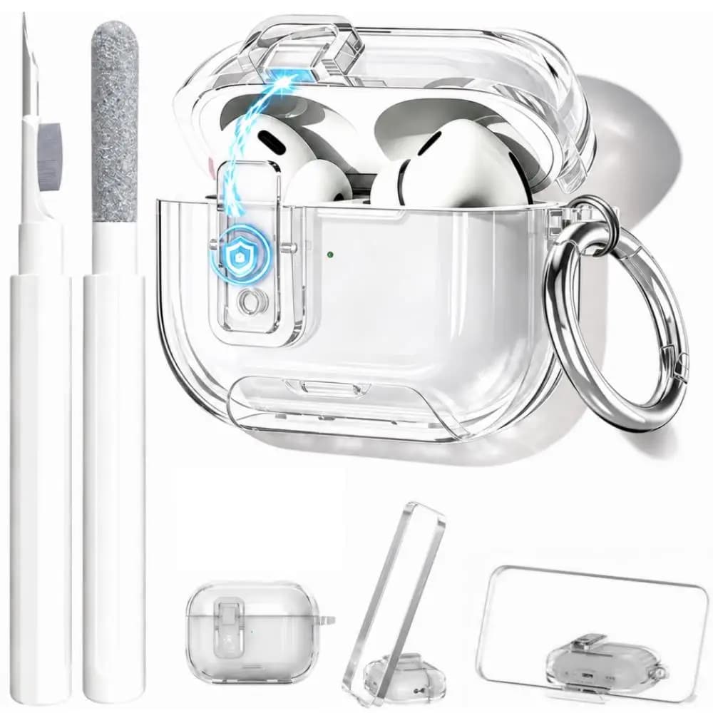 Clear Case for AirPods Pro 3/Pro2/Pro/4 Safety Lock Phone Stand Design Auto-Open Lid Cover with Keychain for AirPods 4/Pro 3/Pro