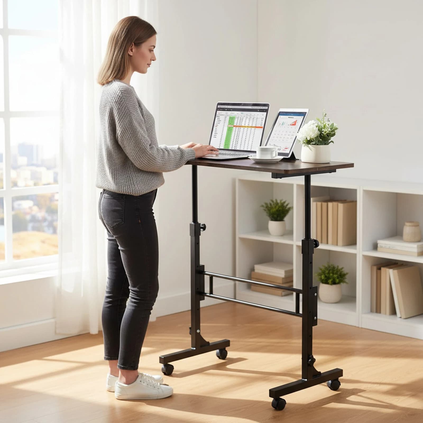 Scrivania Mobile Regolabile in Altezza, Scrivania Ergonomica per Computer e Laptop, Ideale per Casa e Camera da Letto