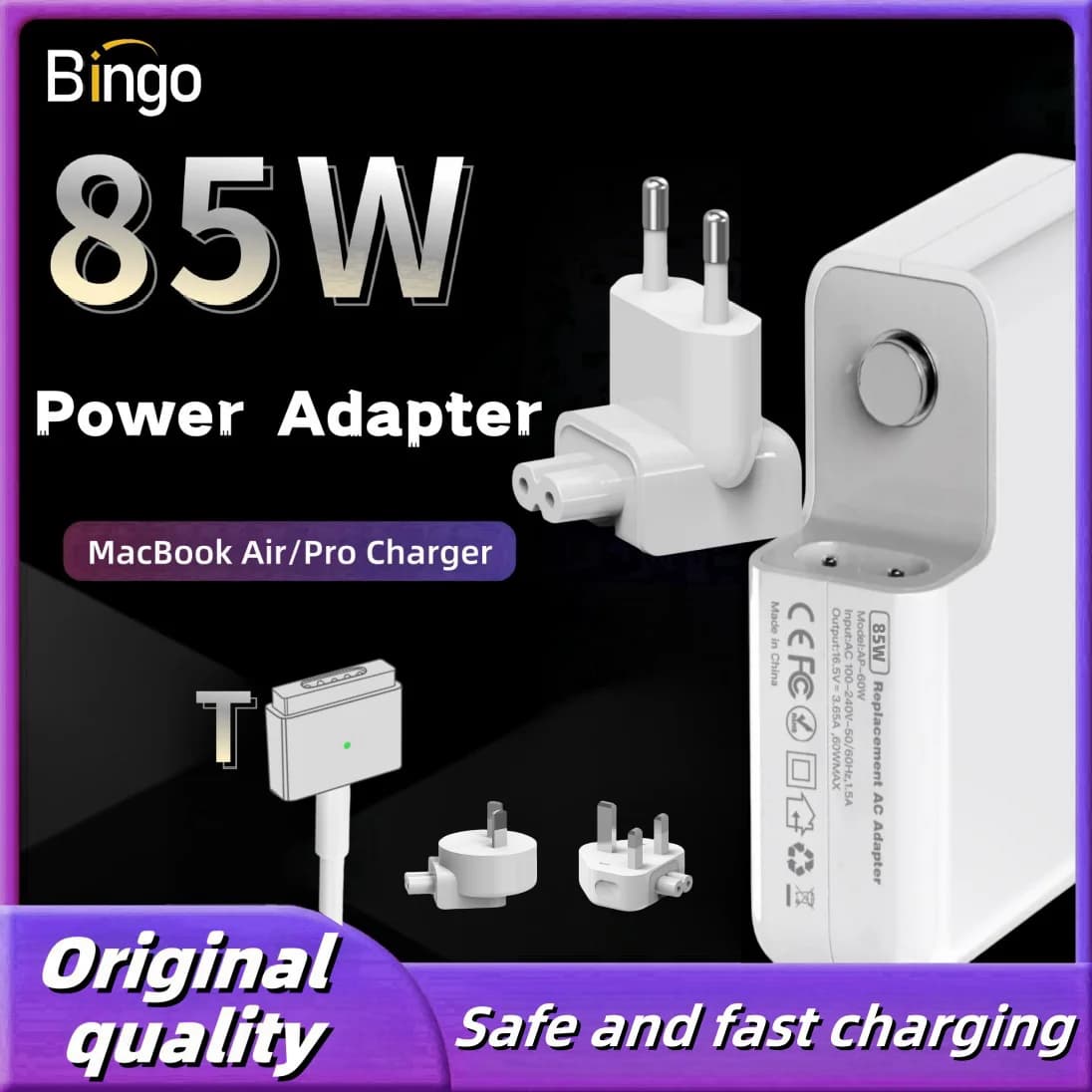 Adattatore di alimentazione di ricarica magnetico Magsafe 2 T da 85 W per MacBook Air / Pro Series: A1398, A1424, adattatore di alimentazione per caricabatterie sicuro e veloce