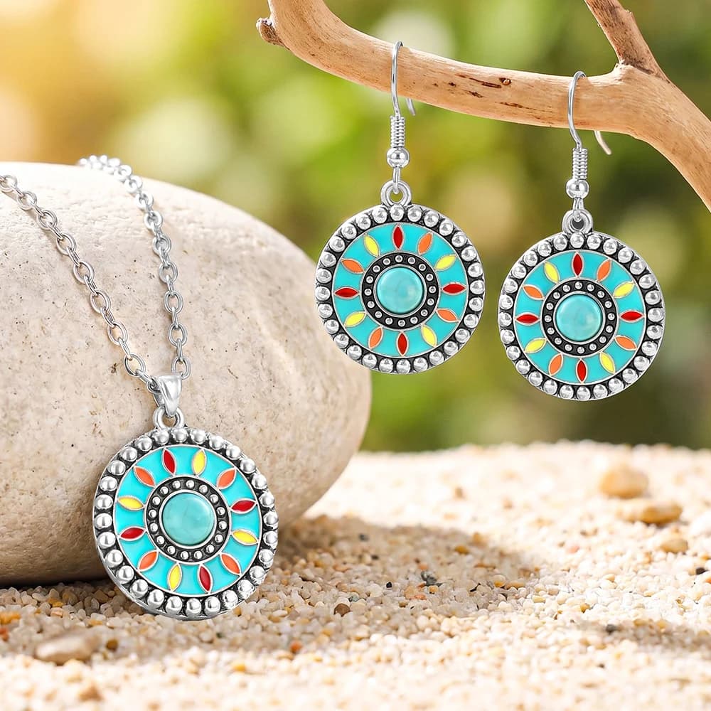 Collana e Orecchini Mandala Bohemien Turchese, Accessori in Stile Etnico Retrò per Donne - Ideali per Vacanze Estive e Feste