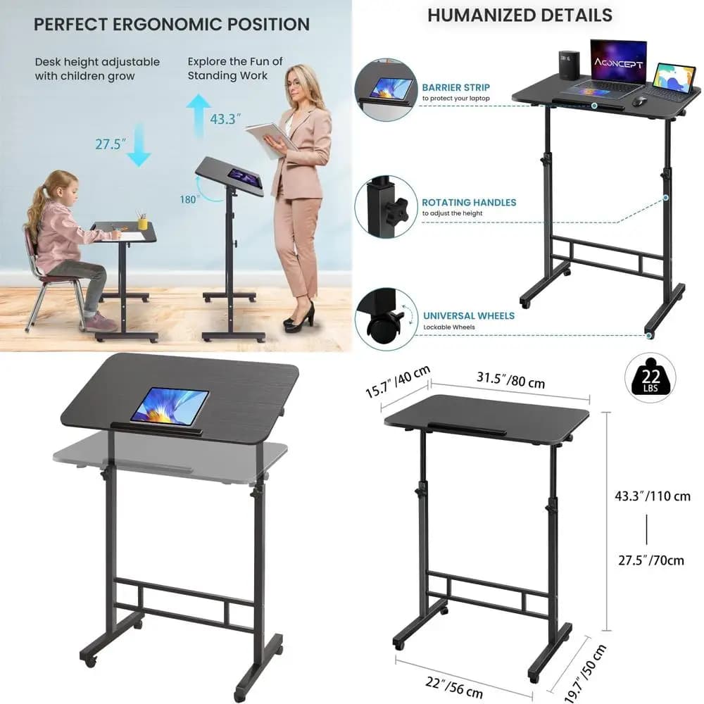 Scrivania Mobile Regolabile in Altezza, Postazione di Lavoro Portatile per Laptop con Ruote, Nera