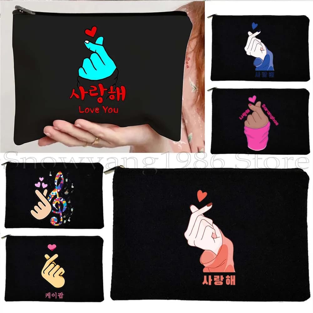 K-pop Mano Coreano Fingerheart Kpop Finger Heart Saranghae Borsa per cosmetici in tela Trucco Rossetto Custodia da viaggio Astuccio