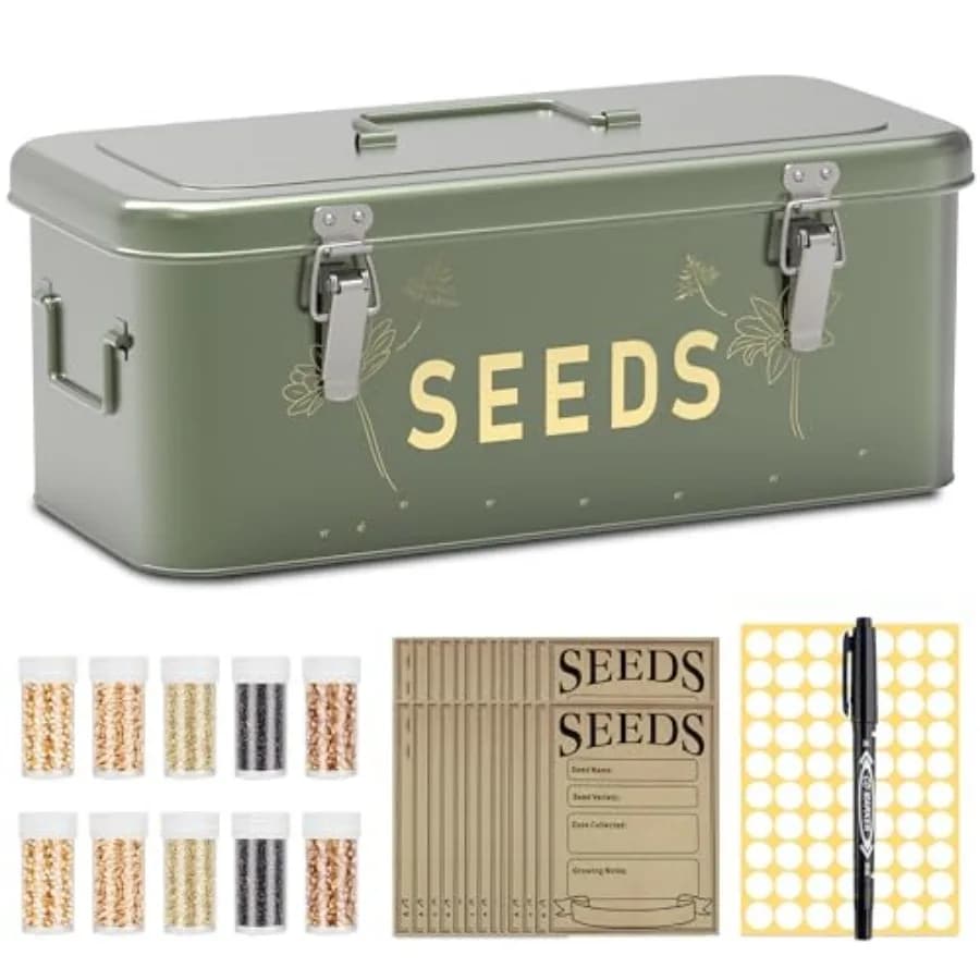 Kit Organizzatore per Semi in Metallo con 30 Bottiglie e Buste, Scatola con 4 Scomparti e Chiusura per Conservazione di Semi di Fiori e Verdure da Giardino