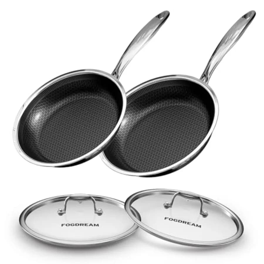 Set di 2 Padelle Antiaderenti con 2 Coperchi, 10 e 11 Pollici, in Acciaio Inox Tri-Ply per Tutti i Piani Cottura, Lavabili in Lavastoviglie