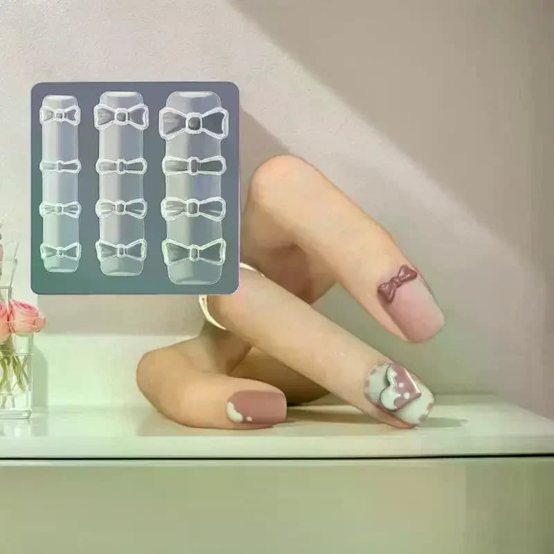 Versatile 3D silicone nail art mold with bow and heart design, DIY nail stamping plates for incredible manicure decorations.