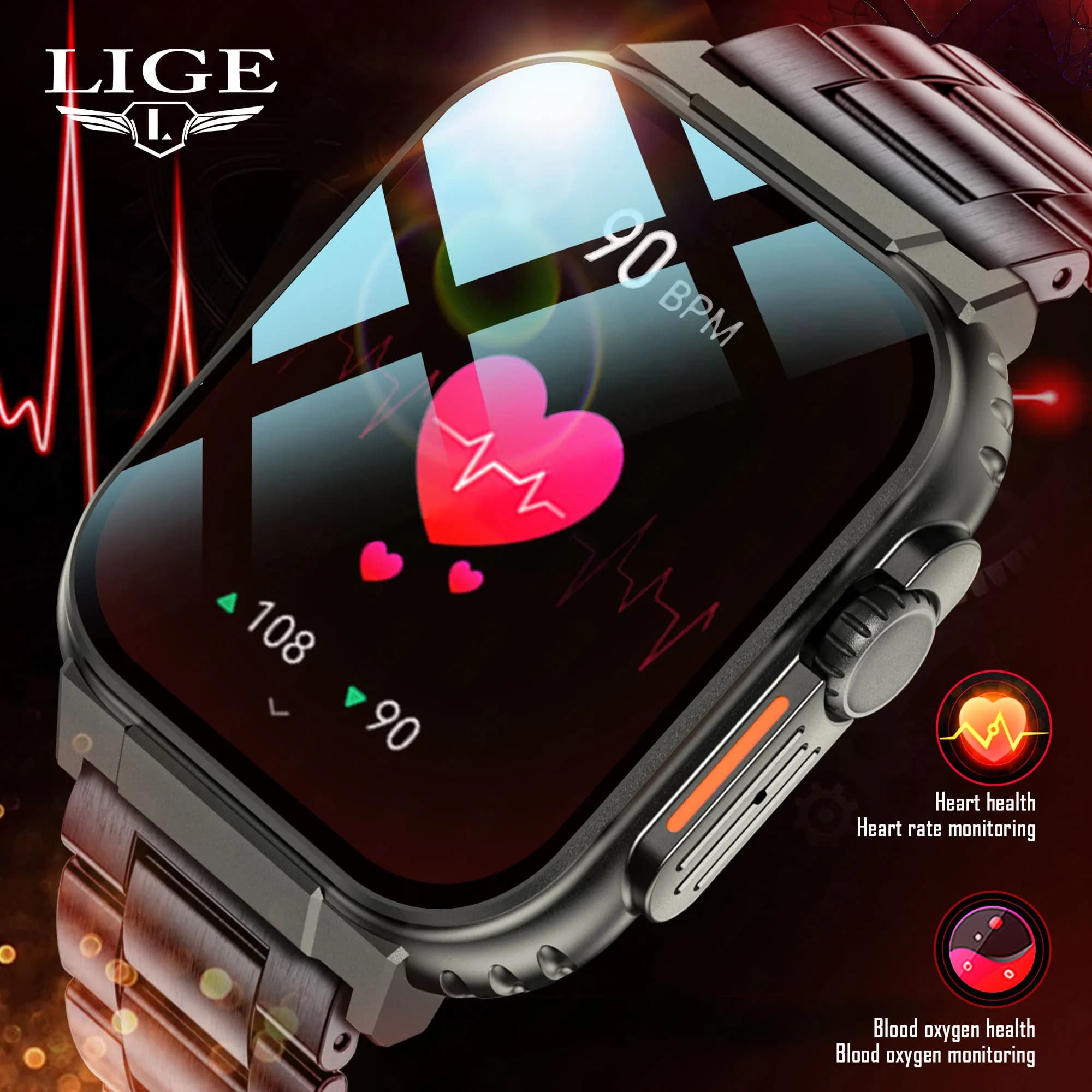LIGE 600mAh Military Smartwatch for Men, Large HD Display, Fitness Sports Clock, Waterproof IP68, Bluetooth Calls