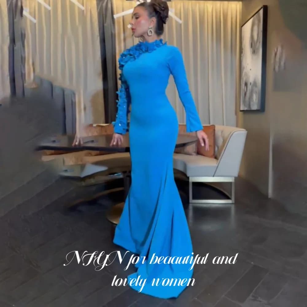 NFYN Abiti da ballo formali con macchie lunghe blu Sirena Tromba Maniche regolari Pieghe Abiti da sera con applicazioni personalizzate