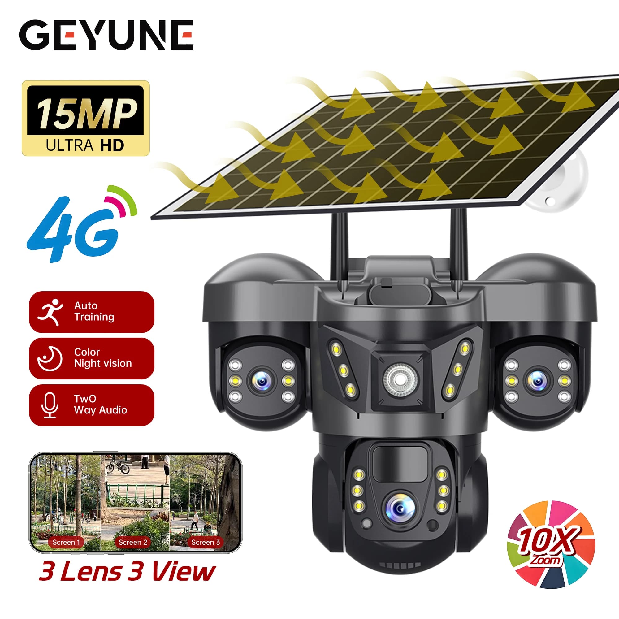 Telecamera solare 4G a 3 obiettivi HD 15MP 8K PTZ esterna Visione notturna impermeabile Audio bidirezionale V380 Telecamera di tracciamento mobile Telecamera IP CCTV