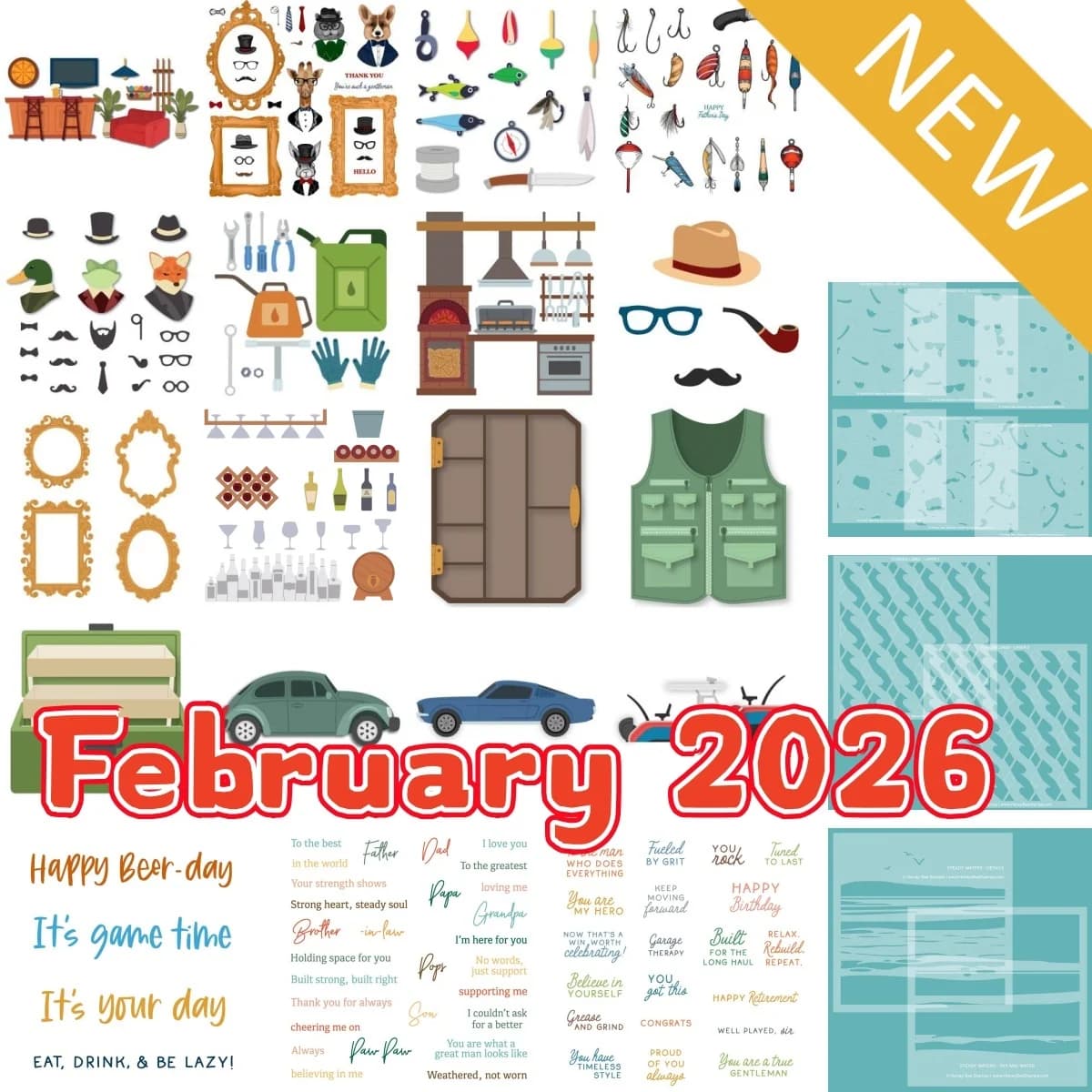 New Metal Stamps and Transparent Stamps for Scrapbooking DIY, themed February, Father 2026, Box for Equipment, Boat, Car, Fishing vest, Kitchen