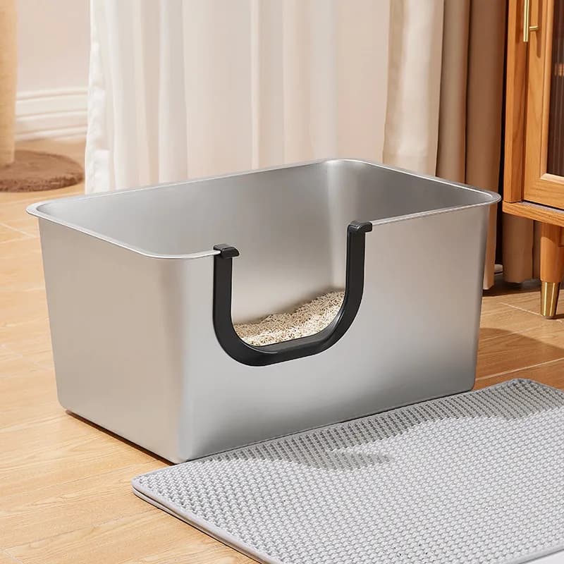 Stainless Steel Cat Litter Box High Side Cat Sandbox Anti Splashing U-Shaped Entrance Cats Toilet Indoor Easy Clean Pet Toilets