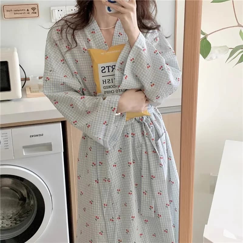 Camicia da notte carina e dolce con stampa a quadretti e ciliegie, abbigliamento da notte per donna, vestaglia a maniche lunghe primavera/estate, abbigliamento da casa, estivo