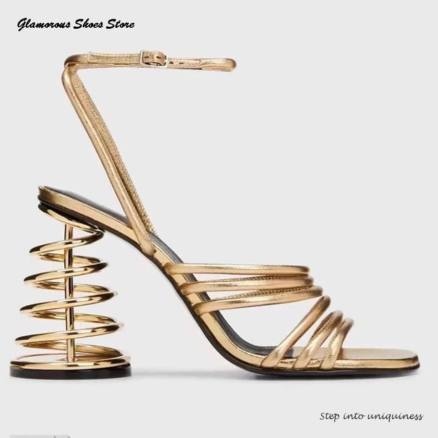 Leather Sandals with Metal Spiral Heel New Toe Round Round Ankle Strap Adjustable Ankle Straps Summer Fashion Shows Women's Shoes