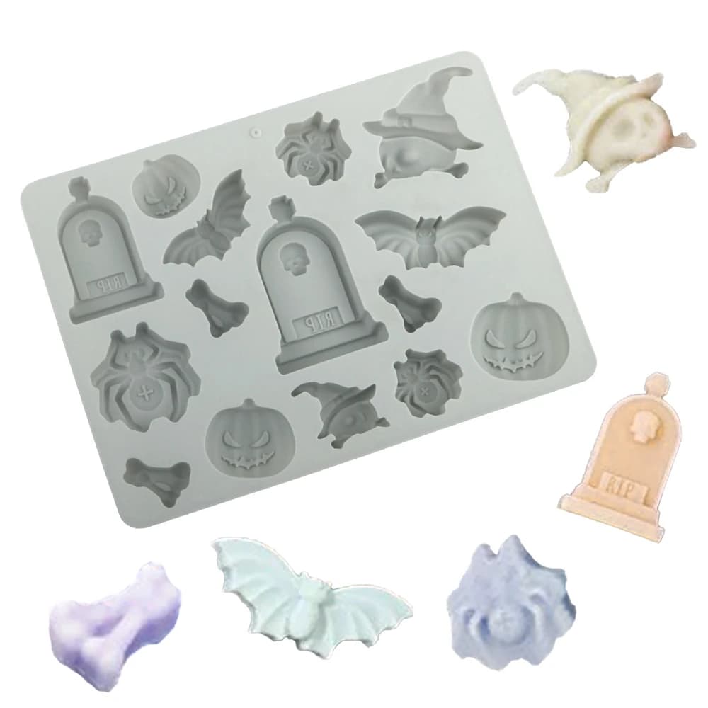 Elemento di Halloween Lapide Ragno Zucca Pipistrello Teschio Stampo per cioccolato in silicone Stampi per torta di Halloween Vassoio per ghiaccio Utensili da cucina