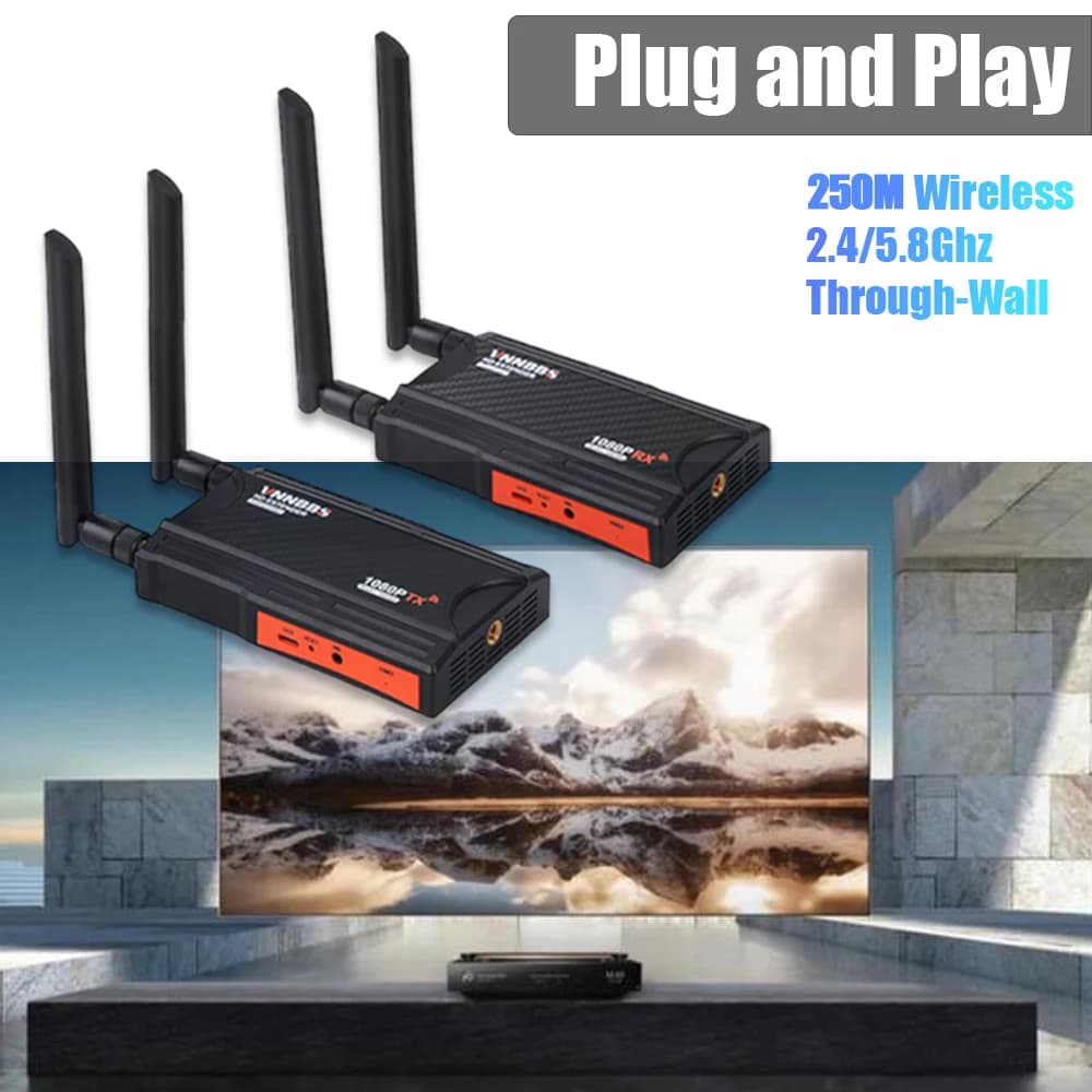 VNNBBS Wireless HDMI extender kit 250M 5.8Ghz Transmitter and Video Receiver for DSLR Laptop PC Camera for TV Monitor
