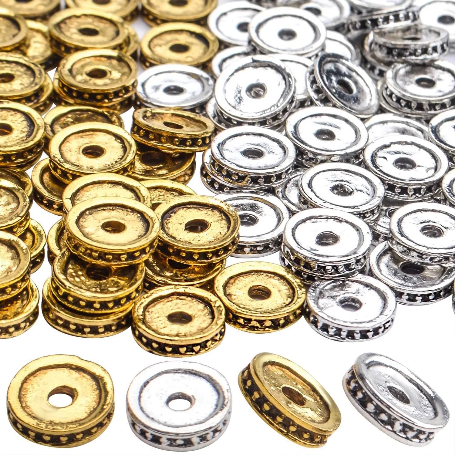 Perline distanziatrici per gioielli, 100 pezzi di perline distanziatrici in argento dorato da 8 mm, perline sciolte tibetane, distanziatori piatti in lega per collane di braccialetti fai da te