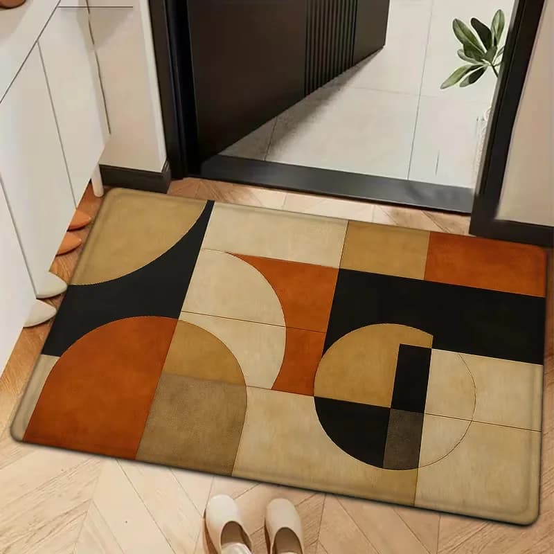 Mid Century Modern Geometric Semicircle Door Mat Non Slip Soft Floor Rug Retro Warm Tone Block Art Entrance Carpet For Entryway