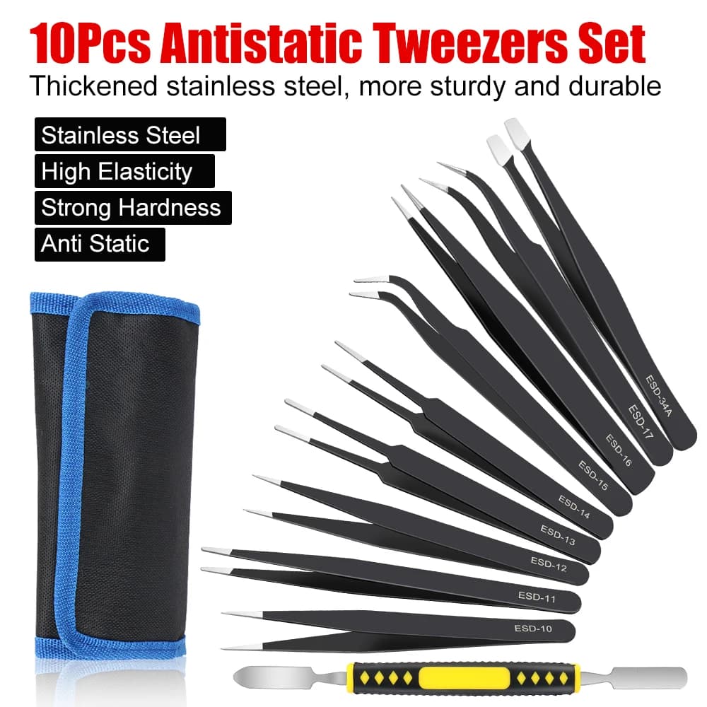 Precision Anti-Static 10Pcs/Set Curved Straight Tweezers ESD Tweezers Stainless Steel Industrial Repair Tools
