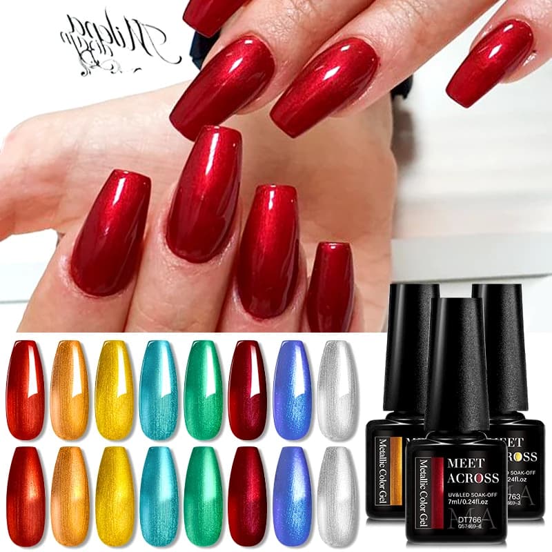 MEET ACROSS Set di smalti gel per unghie serie metallizzata da 8 pezzi Effetto specchio oro rosso Soak Off Kit gel UV LED per smalto per manicure per nail art