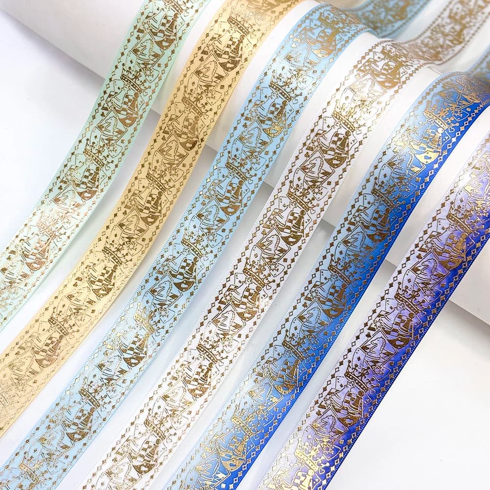 25mm Gold Chess Print Satin Ribbon for Board Game Themed Party Gift Wrapping DIY Hair Bows Sewing Craft Birthday Decor Supplies