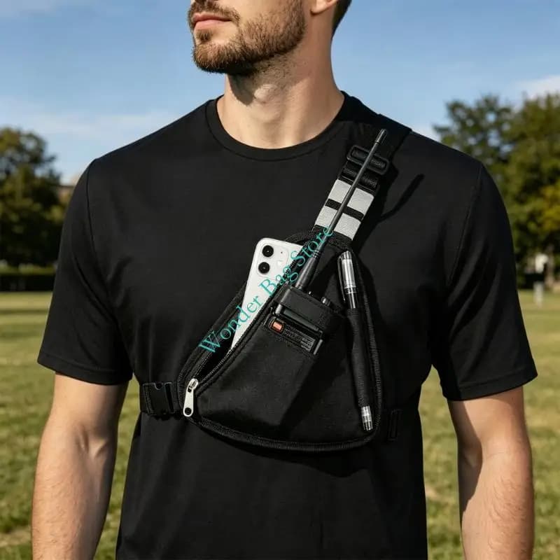 Men's Fabric Crossbody Chest Bag with Front Pocket and Side Clip Closure Adjustable Strap Shoulder Bag for Hiking Travel Daily
