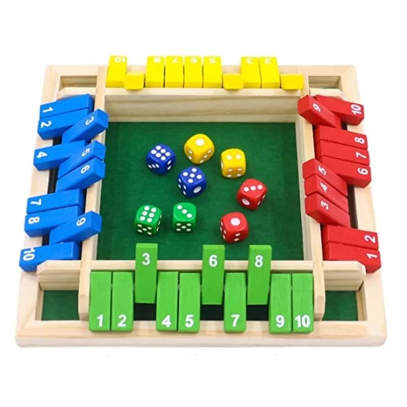 Close the box Table game with dice Game with wings and wooden dice 4 players Pub Bar Holiday items Entertainment for the family for children and adults