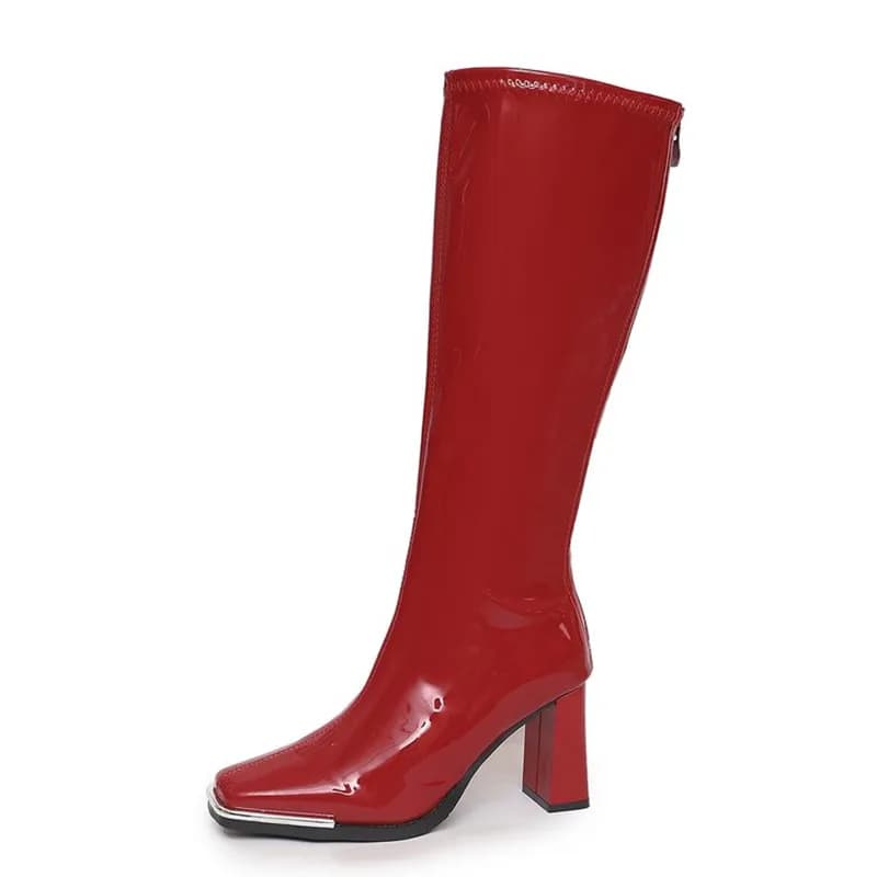 Luxury Patent Leather Knee High Boots 7.5cm High Heel Bar Stage Boot Square Head Long Botas Autumn Winter New Women Party Shoes