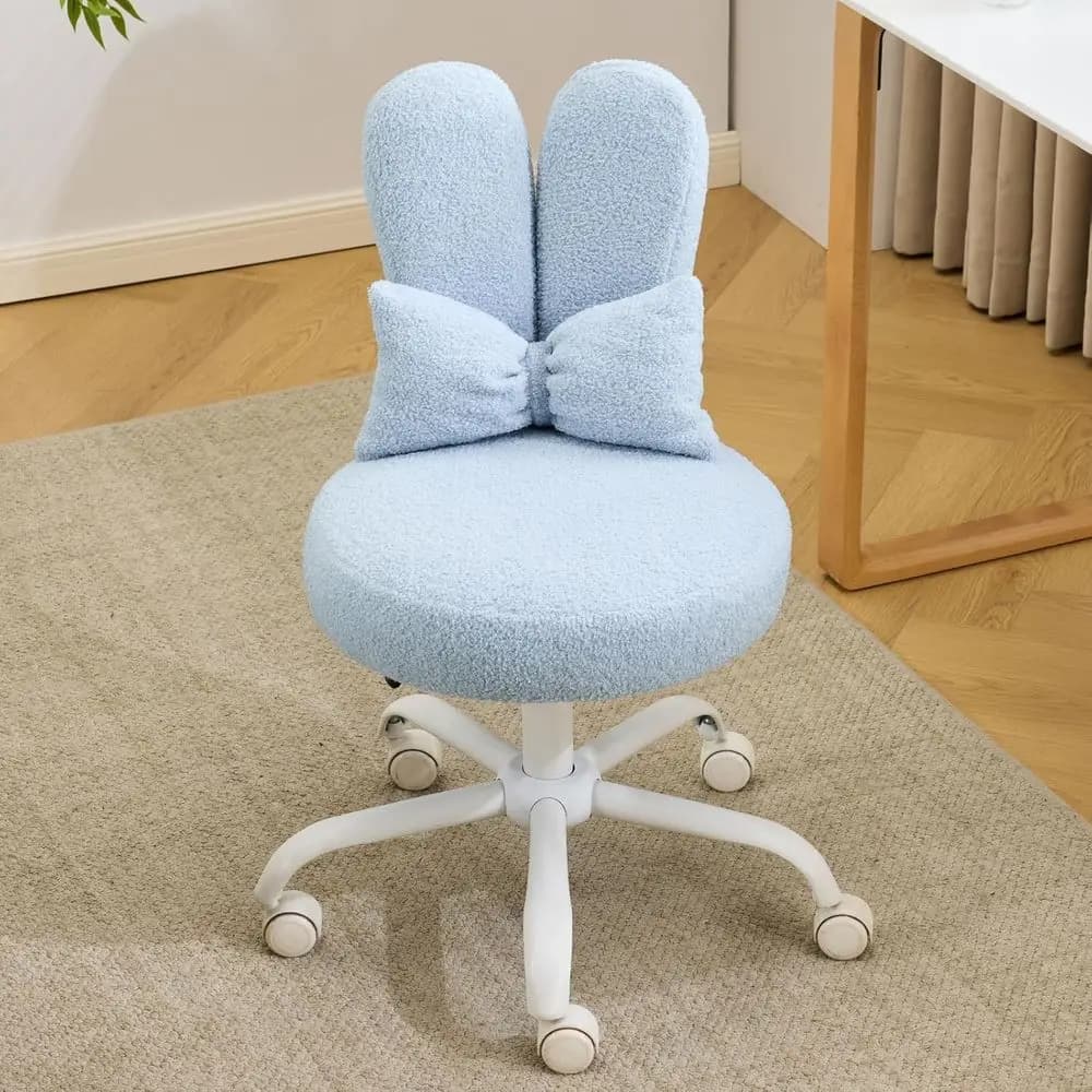 Sedia da scrivania girevole blu con ruote e cuscino a fiocco, carina e comoda per braccia di piccole dimensioni, sgabello regolabile con ruote per la camera da letto