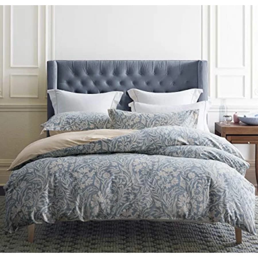 Copripiumino Queen Size in Cotone 600 Fili, Beige e Grigio Bluastro, Stampato con Lussuoso Motivo a Foglie, Reversibile, Botanico