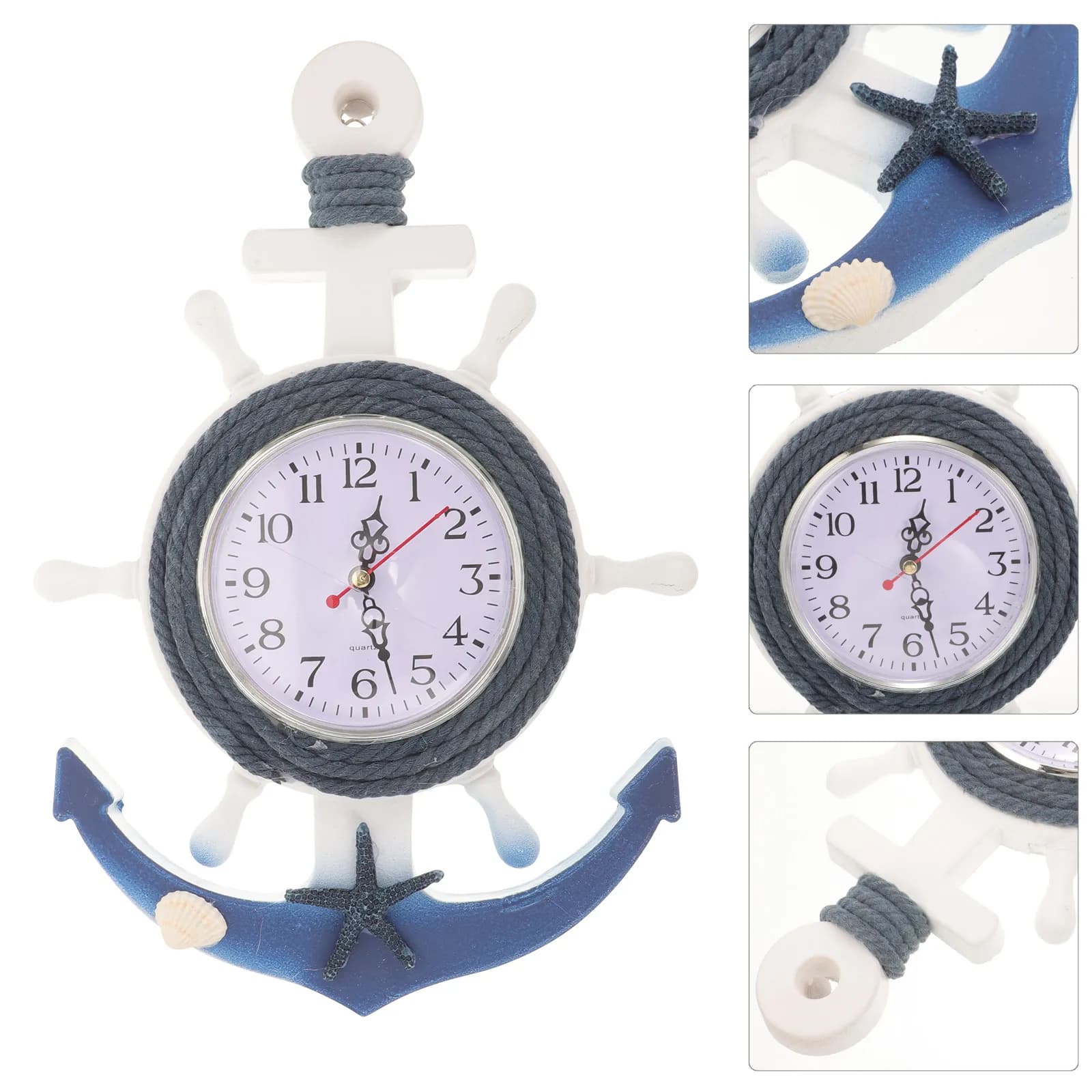 Orologio da parete in stile mediterraneo, orologio da appendere con ancora di barca, design decorativo a stella in legno e plastica, superficie a specchio trasparente