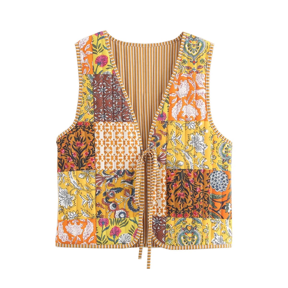 Zevity Donna Stile Nazionale Senza Maniche Patchwork Stampa Floreale Gilet Trapuntato Giacca da Donna Con Lacci Gilet Chic Crop Top CT6267
