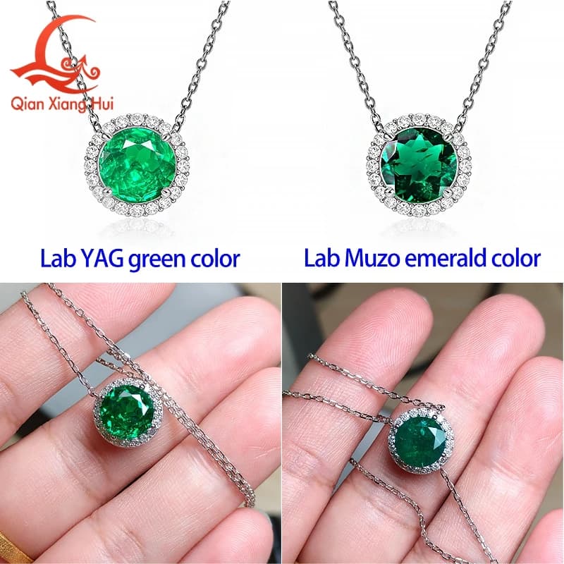 925 Sterling Silver Round Halo Pendant Necklace Lab Created Emerald or YAG Gemstone With Moissanite Accents 6.5mm 8mm 10mm gift