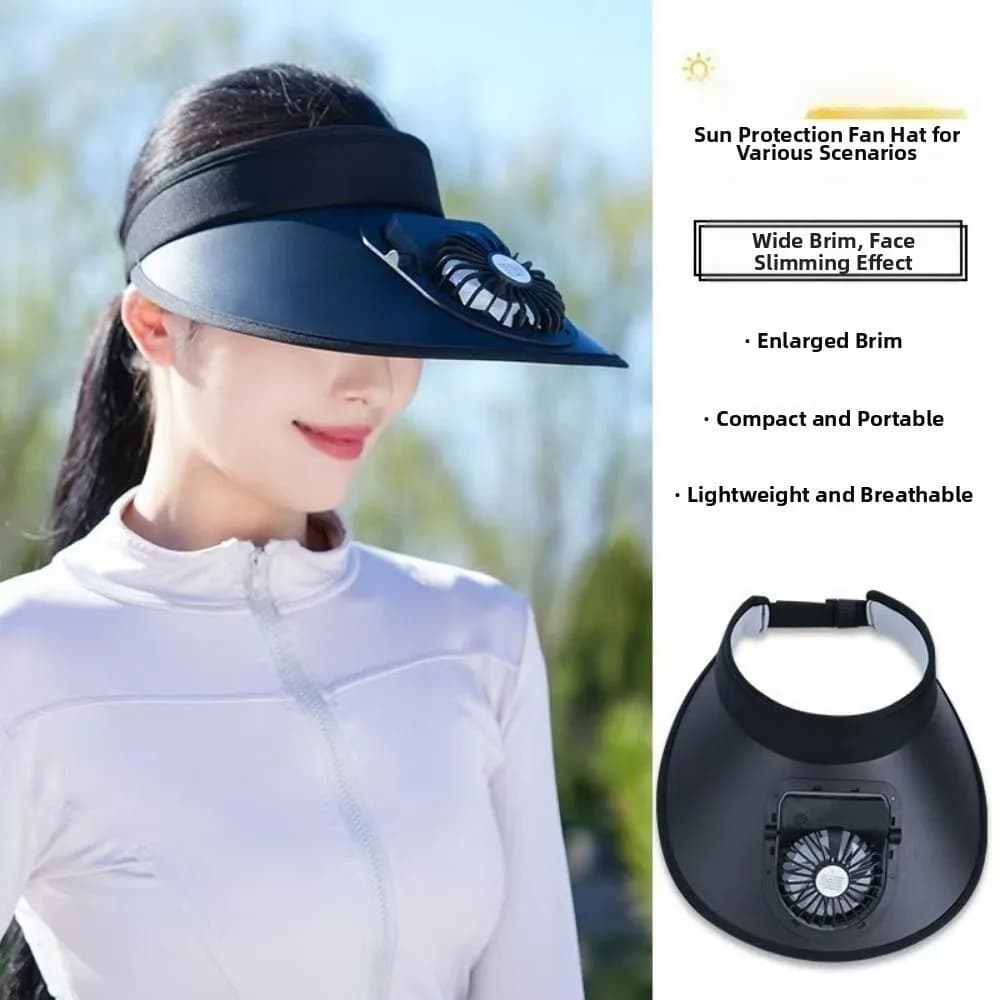 USB Rechargeable Cooling Fan Hat Large Brim Portable Empty Top Sunscreen Cap Breathable Anti UV Protection Women Sun Hat