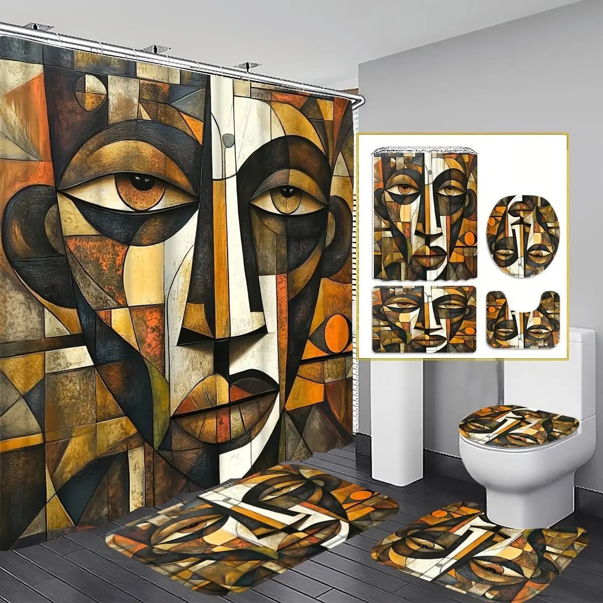 4pcs Cubist Portrait Shower Curtain Set | Geometric Abstract Faces Bathroom Decor With Polyester Shower Curtain, Non-Slip, Toilet Lid Cover, U-Shaped, 12 Hooks, 70.87X70.87 Inch Curtain, Art Enthusiast, Home Decor, Bathroom Additions