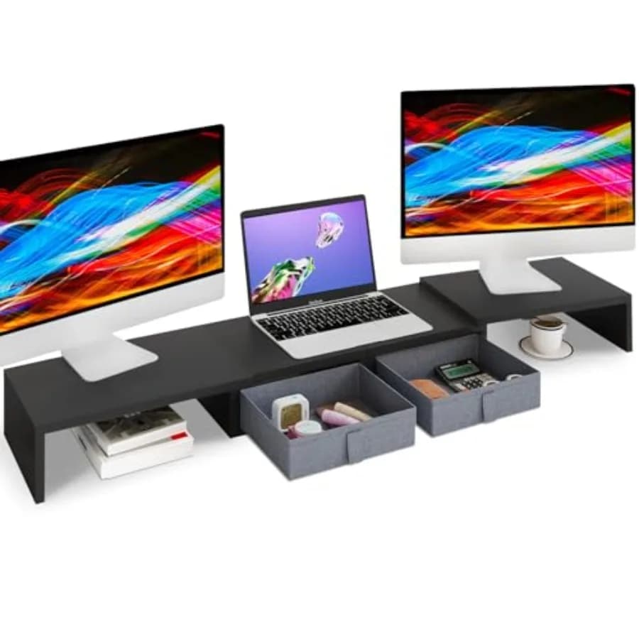 Supporto per Monitor Doppio in Legno con Cassetti - Supporto per Monitor Triplo Regolabile in Lunghezza e Angolazione con Ampio Spazio di Archiviazione