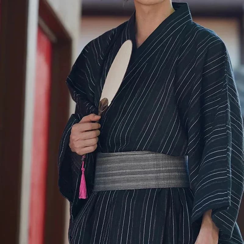 CyBlack Estate Navy Kimono tradizionale samurai giapponese per uomo Yukata Accappatoio Hekoobi Stile allentato Homewear Abito lungo Cotto