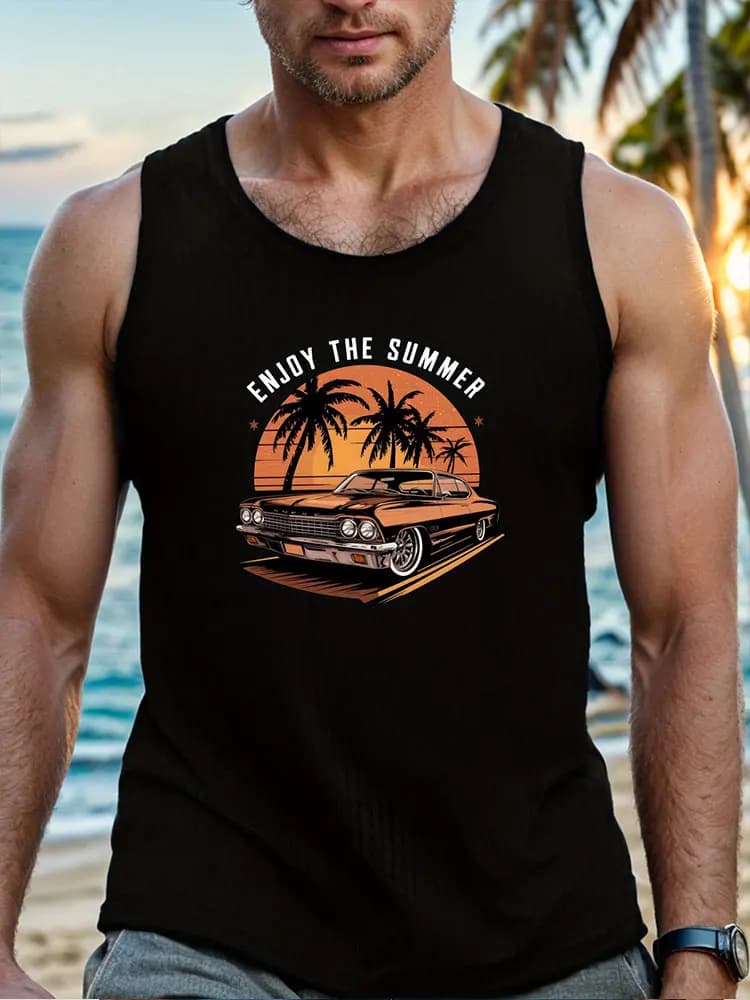 2024 Estate All'aperto Spiaggia Top da uomo Stile Hawaiano Canotta da uomo Vintage Car Stampa Canotta Tutti i giorni Casual T-shirt senza maniche